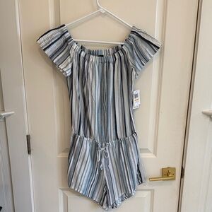 Splendid Striped Off-Shoulder Romper in Blue and Gray